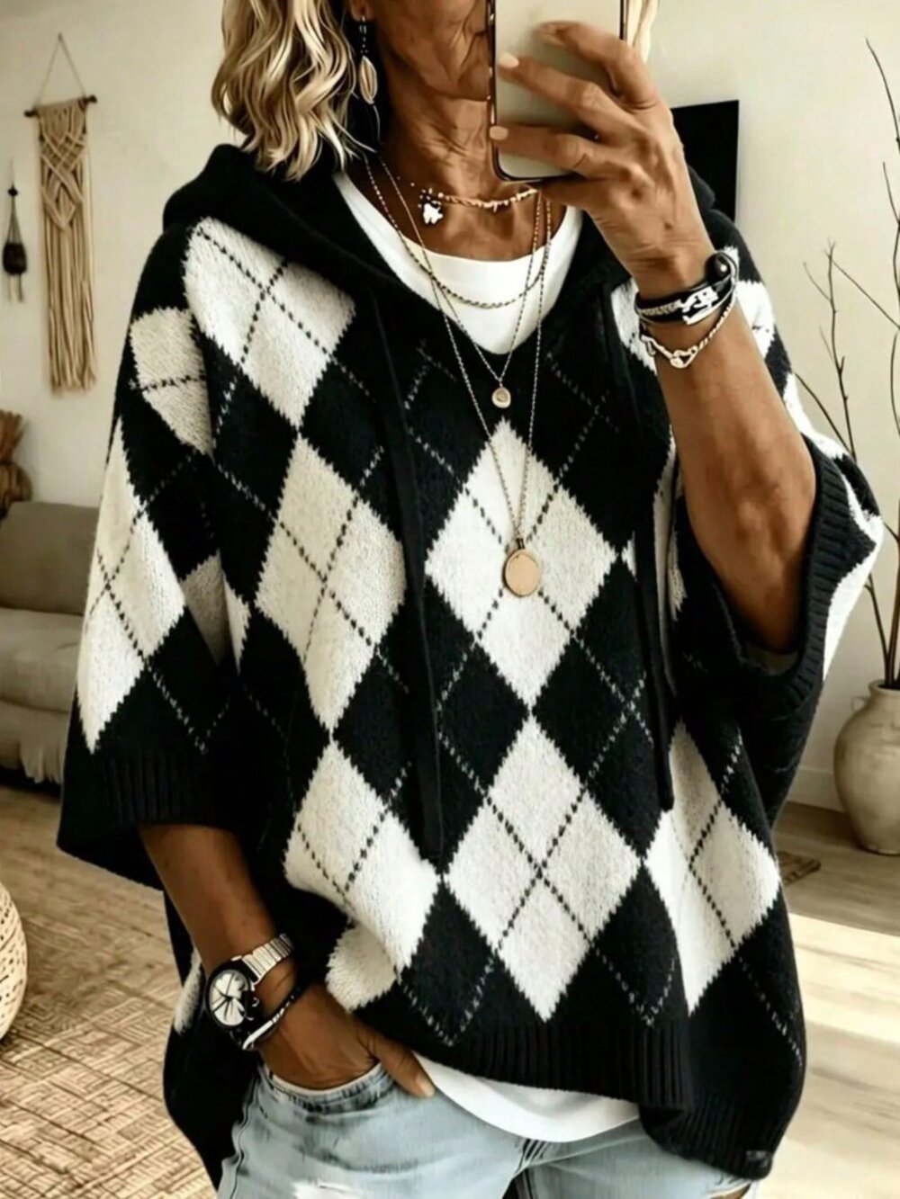 Black Casual Women's Loose Drop Sleeve Hooded Rib-Knit Pullover